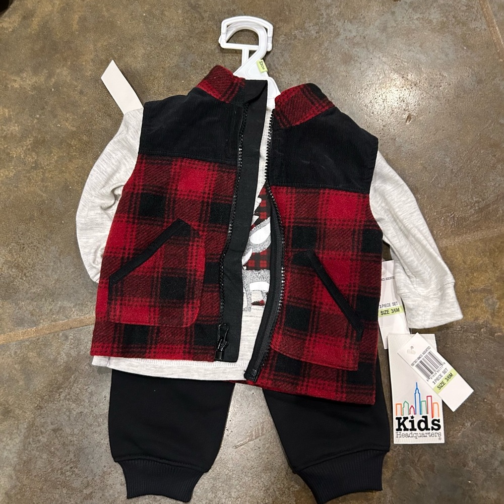 Red and Black Plaid Vest with Gray Shirt and Black Pants Set